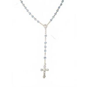 Vintage Blue Beaded Rosary Necklace with Silver Cross Pendant